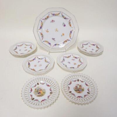1103	SCHUMANN 7 PIECE CAKE SET PLUS 2 SMALL PLATES MARKED GERMANY, ALL HAVE RETICULATED RIMS, CAKE PLATE IS 10 IN
