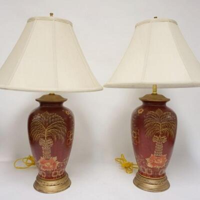 1098	PAIR OF HAND PAINTED TABLE LAMPS, CLOTH SHADES, 30 IN HIGH
