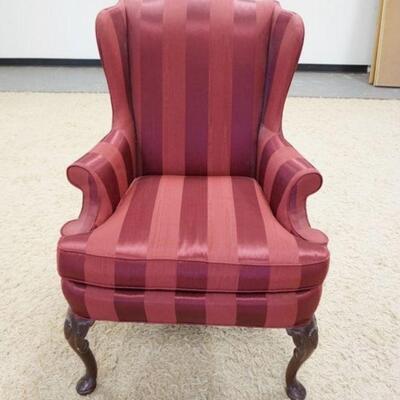 1125	SHERRILL WING CHAIR, SHELL CARVED KNEES, BURGANDY STRIPED UPHOLSTERY, HAS WEAR ON THE PIPING ON ONE TOP SIDE
