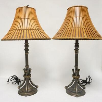 1101	PAIR OF METAL TBLE LAMPS, BAMBOO STYLE W/ORIGINAL SHADES & FINIALS, 29 1/2 IN HIGH
