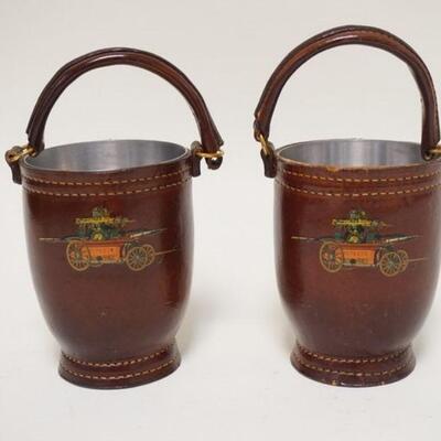 1066	NY LOYAL LEATHER COVERED FIRE BUCKET ASHTRAYS W/OLD FIRE WAGON DECORATION, ALUMINUM LINERS, 5 1/4 IN EXCLUDING HANDLES
