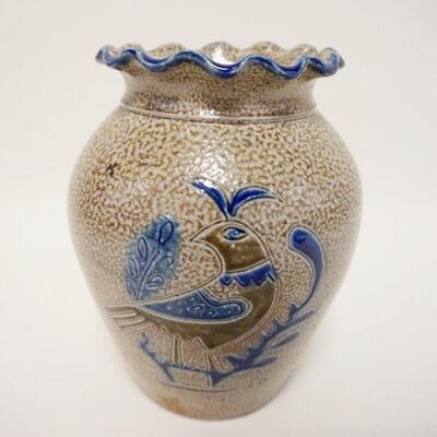 1009	INCISED STONEWARE VASE W/BLUE & BROWN DECORATION, BIRD ON A BOUGH, RUFFLED TOP ACCENTED IN BLUE, 9 1/8 IN HIGH
