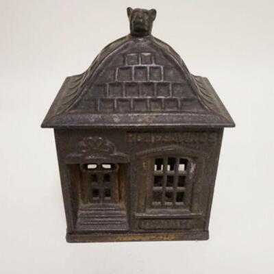 1045	*HOME SAVINGS BANK* STILL BANK W/DOG HEAD TOP SCREW, CAST IRON, 4 3/8 IN WIDE X 6 IN HIGH
