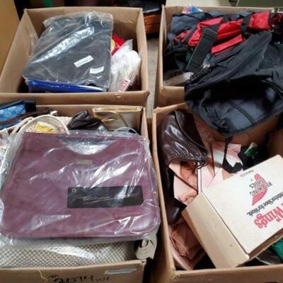 #2074 â€¢ 4 Boxes Of Purses And Apparel Includes Purses, Red Wings, Back Packs, And More