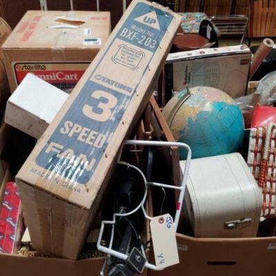 #2070 â€¢ 4 Boxes Of Misc Items Includes Box Fan, Globe, Tripod, OmniCart, Organizer, Jewelry Box, Vintage Estee Lauder Makeup Kit,...