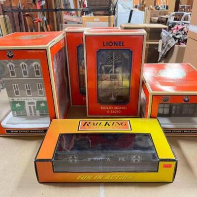 #1406 â€¢ Train Model Buildings, Banjo Signs & Grinder Bridge Includes Oâ€™Gradyâ€™s Tavern 6-34127, Pharmacy 6-34128, (2) Banjo...