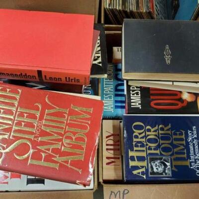 #4592 â€¢ 2 Boxes Of Books: Includes Robert Ludlum, Sins Of The Fathers, Armageddon, Hawaii, Danielle Steel, James Patterson, A Hero For...