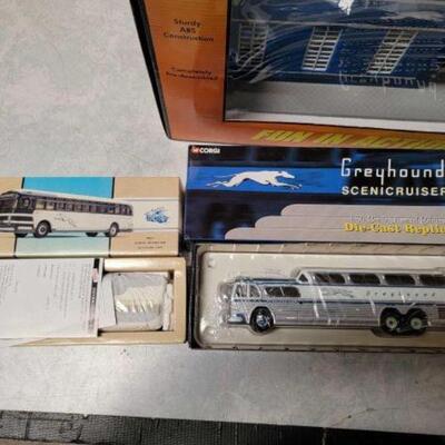 #1336 â€¢ Scale Greyhound Bus Station and 2 Corgi Model Greyhound Buses