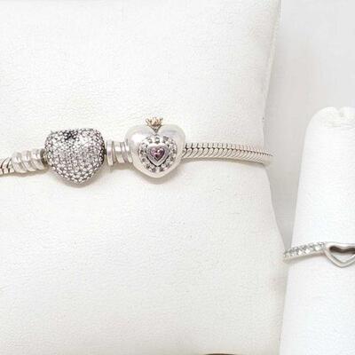 250: Sterling Silver Pandora Princess Bracelet & Hear Ring with Diamond Accents, 19g
Weighs Approx: 19g