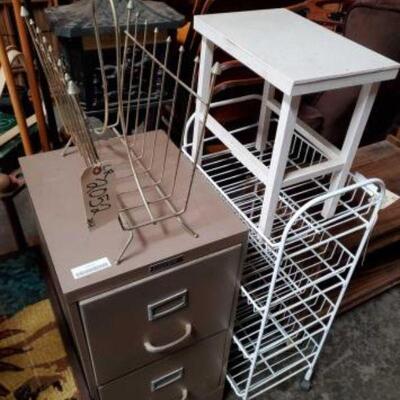 #2052 â€¢ File Cabinet, Magazine Holder, Storage Cart, And Stool File Cabinet, Magazine Holder, Storage Cart, And Stool