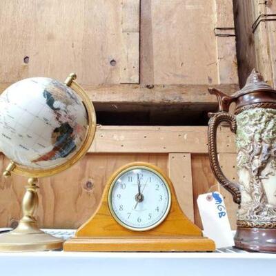 #4532 â€¢ Savannah Row Mantel Clock, Table Top Globe & Beer Stein Savannah Row Westminister Chime Mantel Clock, Table Top Globe &...