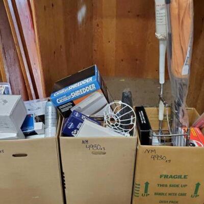 #4930 â€¢ 3 Boxes Of Misc New Items Includes Mops, Shower Head, Shower Handle, Paper Shredder, Coin Sorter, Shaver, Fabric Steamer,...