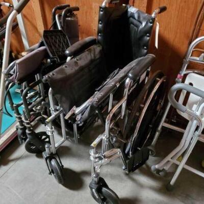 #2114 â€¢ 2 Wheel Chairs, Walker, Collapsable Cart, And More