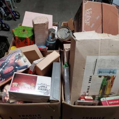 #2066 â€¢ 4 Boxes Of Misc Items: Includes Hamburger Cooker, Photo Stick, Oil Lamp, Mending Kit, Hat/Coat Rack, Vintage 26 Piece Punch...