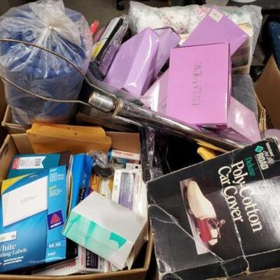 #4936 â€¢ 4 Boxes Of Misc Items Includes Car Cover, Paula Young, Office Supplies, Lamp, Blankets, Table Cloths, And More
