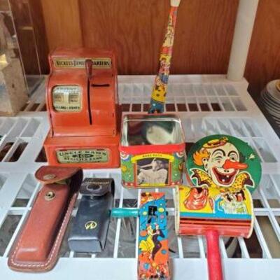 #4544 â€¢ Vintage Uncle Sam's Register Bank, Clown Noise Makers, Babe Ruth Tin Box & More! Includes Keychains, Leatherman Tool...