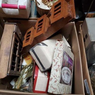 #2068 â€¢ 4 Boxes Of Misc Items: Includes Rope, Small Igloo Ice Chest, Broom, Buff n Shine, Silverplated Serving Tray, Jewelry Box,...