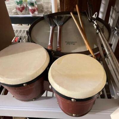 #1112 â€¢ Drum, Drum Brushes, Sticks & Stand & Bongos