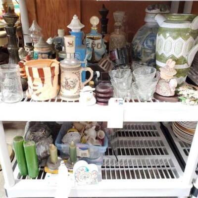 #1052 â€¢ Vintage Beer Steins, Glassware, Planter & More!: Include Liquor Bottles with Corks, Cat Figurine, Easter Porcain Decor, Candles...