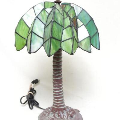Tiffany Style Decorative Leaded Stained Glass Palm Tree Lamp.  Leaded Green Slag Glass Shade and Palm Tree Bronze Look Base. 