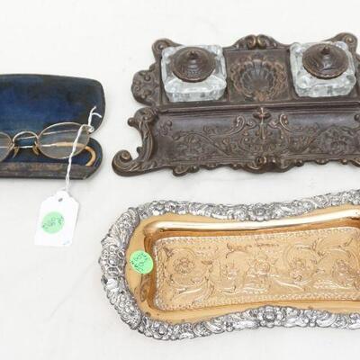 3 PC INKWELL DESK STAND, PEN TRAY & SPECTACLES
