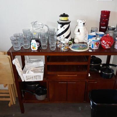 kitchen buffet cabinet and glassware.