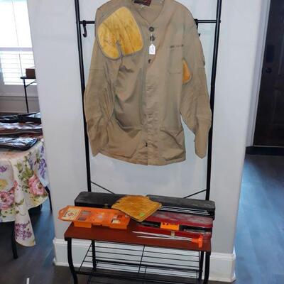 hall tree, shooting jacket, gun cleaning kits, shooting glove.