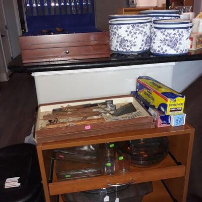 microwave cabinet and kitchenwares