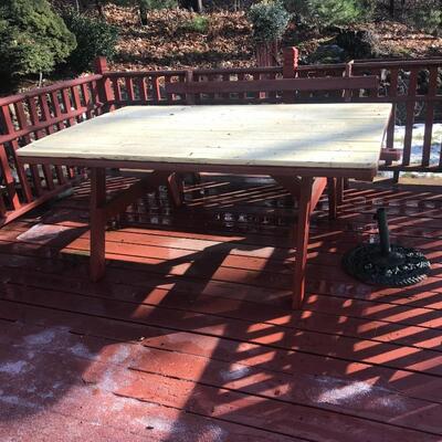 1 Picnic table comes with the 2 long benches and 1 umbrella holder - We ALSO have 2 short benches and a BBQ - selling separately 