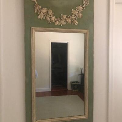 MIRROR IN DECORATIVE WOOD TRIMMED FRAME $150.00