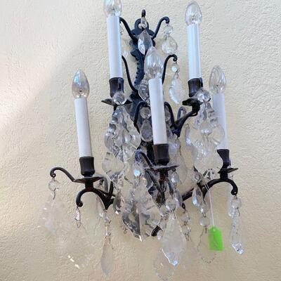 Pair of Wrought Iron and Crystal Wall Sconces