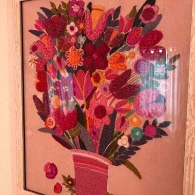 Framed Crewel Embroidered flowers