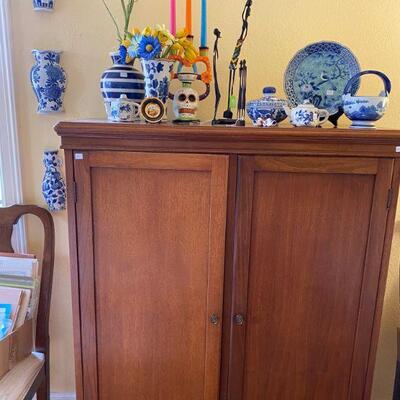 Storage Cabinet and Assorted Blue White Porcelain