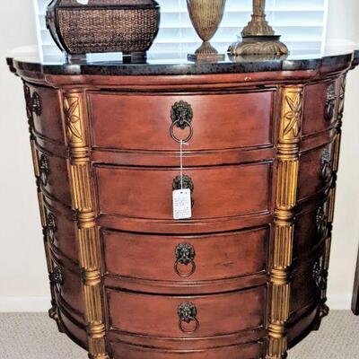 Demilune Walnut accent chest with 4 drawers and 2 doors