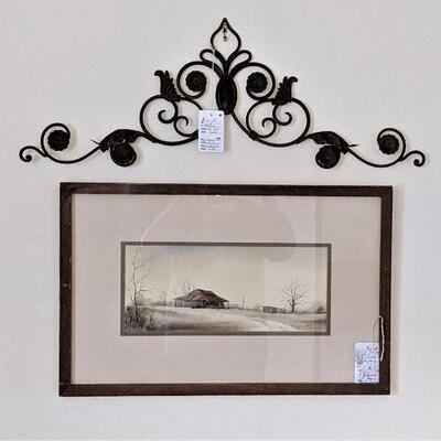 Nicely framed watercolor of barn with wrought iron decor