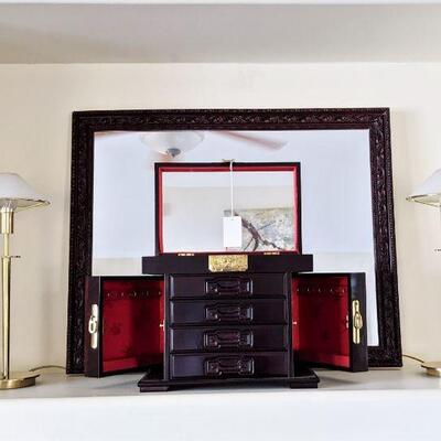  Mirror, jewelry box and contemporary brass dresser lamps
