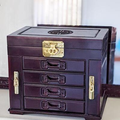 Oriental Cherry jewelry box- 4 drawers plus top opens and two side doors for hanging jewelry