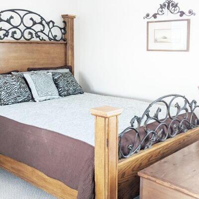 Queen size oak bed with wrought iron