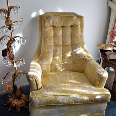 1960s Original upholstery of Yellow Floral Print Tufted High Back Lounge Chair Set by Peck & Hills,
