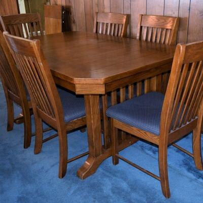 Mission Trestle Table Dining Table w/ 6 matching Chairs and extension Leaf,