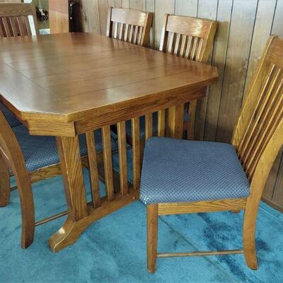 Mission Trestle Table Dining Table w/ 6 matching Chairs and extension Leaf,