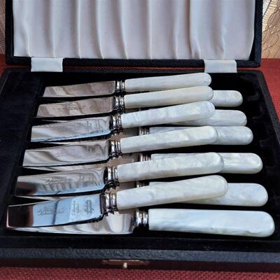 Vintage set of six stainless steel celluloid dessert knives - Thomas Turner & Co, Sheffield