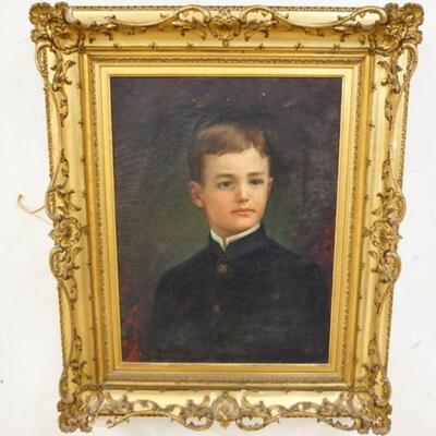 1004	MRS JEROME THOMPSON OIL ON CANVAS PORTRAIT OF LOUIS HUMPHREY GULICK  IN AN ORNATE GILT FRAME, SOME MINOR DAMAGE TO FRAME, DATED...