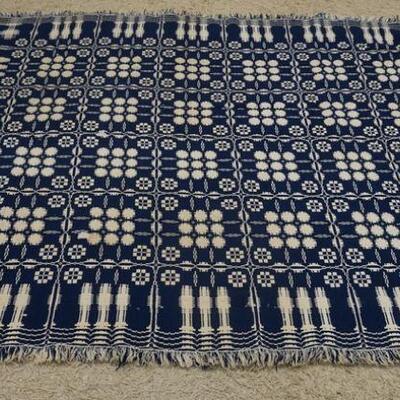 1012	ANTIQUE REVERSIBLE BLUE & WHITE COVERLET 71 IN X 82 IN 
