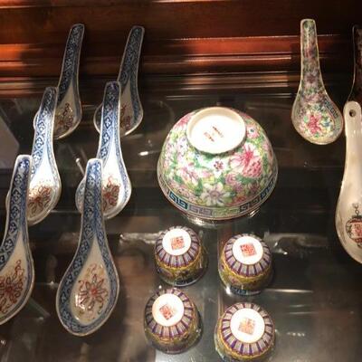 Chinese Porcelain Soup Spoons, Set of 4 Longevity Bowls