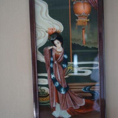 Japanese hand painted of Geisha on glass framed. 
Ready to hand with symbol form hooks.  Pair. 
