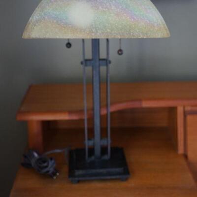 Pair of frosted with mica effect shade table lamps. 