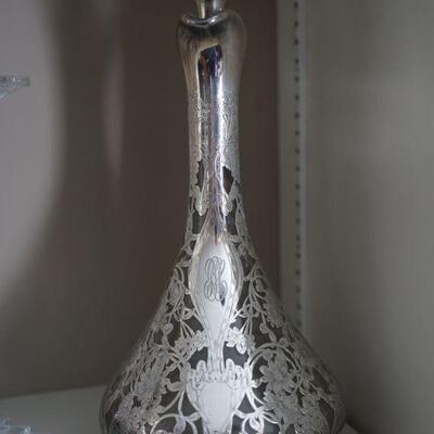 Early 1900's heavy sterling overlay handled decanter 