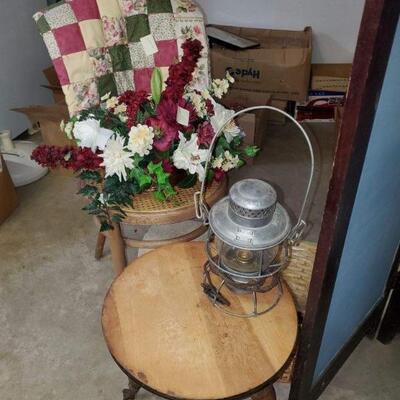 Vintage ralroad lantern, stool, quilt