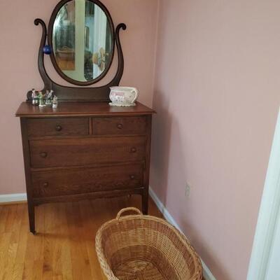 Oak dresser/ lyre mirror, laundry basket